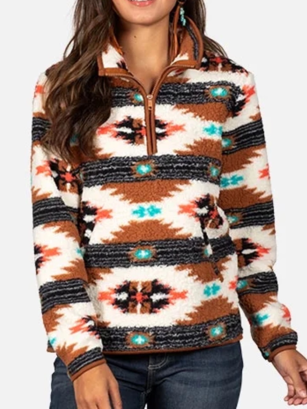 Wrangler Retro Sherpa Pullover Southwestern 1/4 Zip Aztec Kangaroo Pocket M - Picture 3 of 9